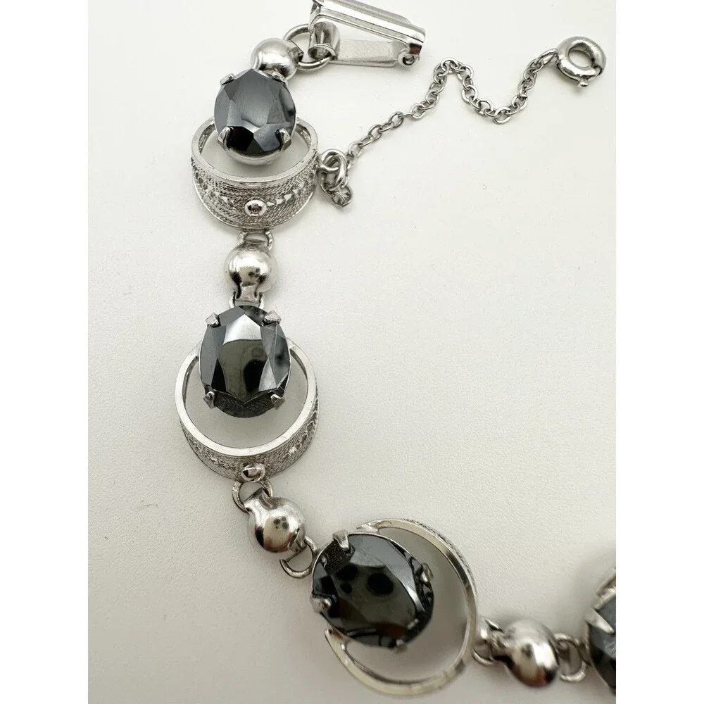 Vintage Sorrento Sterling Silver Rhodium Plated Hematite Bracelet 7.25”